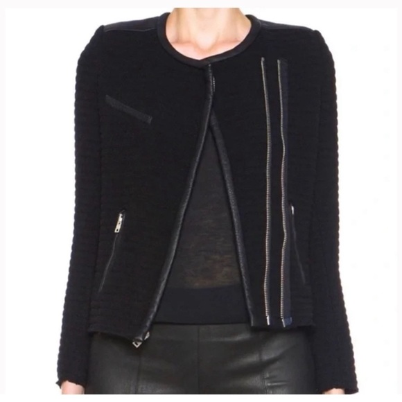 IRO Wool Blend Boucle Maiden Raw Hem Quilted Leather Trim Biker Jacket in Black - Picture 2 of 11